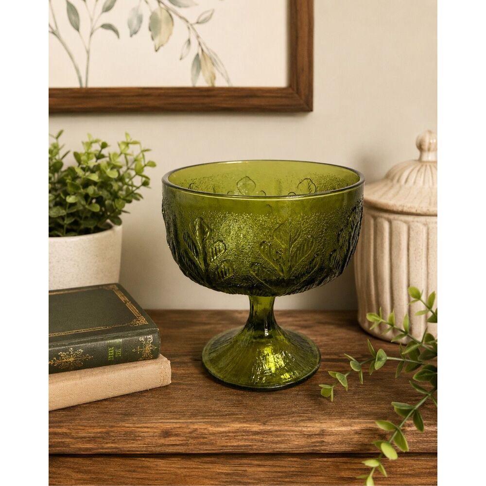 1978 FTD Green Glass Oak Leaf Footed Pedestal Stem Round Bowl Vase Dish vtge